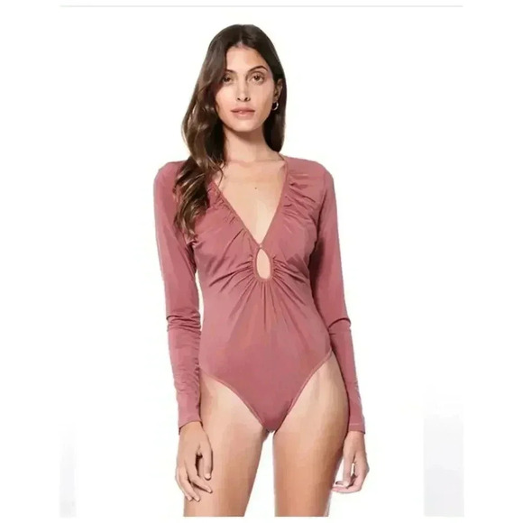 YFB Annette Long Sleeve Deep V Fall Orange Thong Bodysuit - Picture 1 of 8